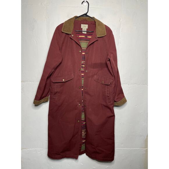 Vintage L.L Bean Long Chore Coat Aztec Burgundy Womens Medium Short Petite - Picture 1 of 7